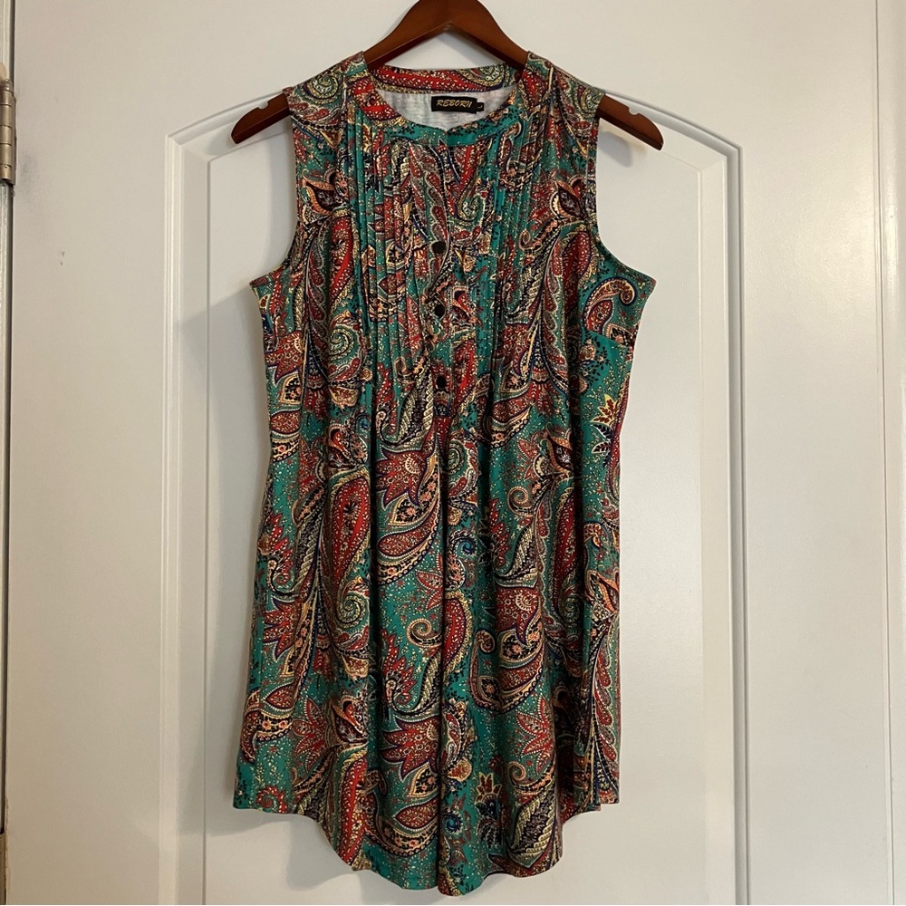 Reborn sleeveless blouse colorful paisley‎ pattern women’s sz L *EUC*